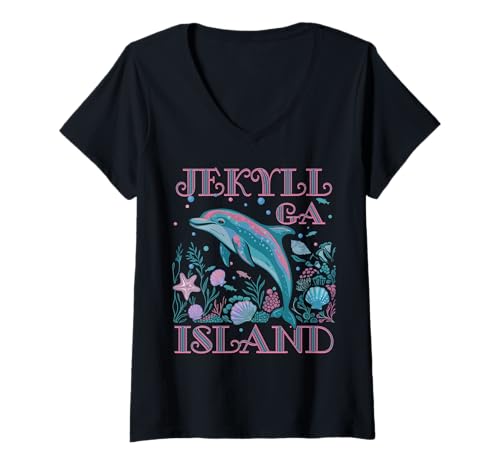 Damen JEKYLL ISLAND GA, DELFINLIEBHABER, BUNTES STRAND-SOUVENIR T-Shirt mit V-Ausschnitt Damen JEKYLL ISLAND GA, DELFINLIEBHABER, BUNTES STRAND-SOUVENIR T-Shirt mit V-Ausschnitt von JEKYLL ISLAND GA DOLPHIN LOVER BEACH VACATION