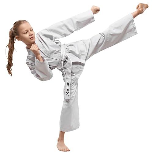 JELEX Kihaku Karateanzug Set aus Hose, Oberteil und Gürtel für Erwachsene und Kinder. Für Karate, Judo und andere Kampfsportarten. Für Einsteiger und Profis (100, kind weiß) von JELEX