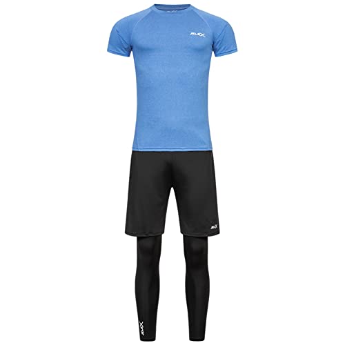 JELEX Sportinator Herren 3-teiliges Fitness-Set bestehend aus Shirt, Leggings und Shorts, für alle Sport- und Fitnessaktivitäten. In den Größen S bis XXL, in Blau, Rot oder Grün (Blau, XL) von JELEX