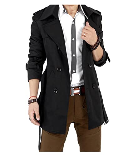 JELLYB Windbreaker Herren Mittlere Länge Frühling Einfarbig Zweireihig Herren Jacke Slim Fit Revers Britischer Stil Dünnschliff Mit Gürtel Täglich All-Match Herren Mantel B-Black M von JELLYB