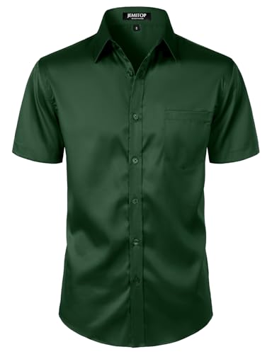 JEMITOP Herren-Hemd, Stretch, schmale Passform, formelle Hochzeit, Abschlussball, kurzärmelig, Button-Down-Shirt mit Tasche, Dunkelgrün, XL von JEMITOP