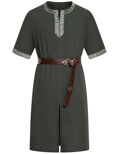 JEMITOP Herren Retro Renaissance Kostüm Tunika Shirts für Mittelalter Wikinger Ritter Krieger Pirat Halloween Cosplay Ohne Gürtel Armeegrün M von JEMITOP