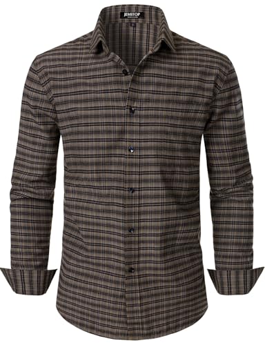 JEMITOP Herren Übergangshemd Slim Fit Langarm Button Down Hemd Business Casual Kleid Hemden mit Tasche, Braunes Gingham, L von JEMITOP