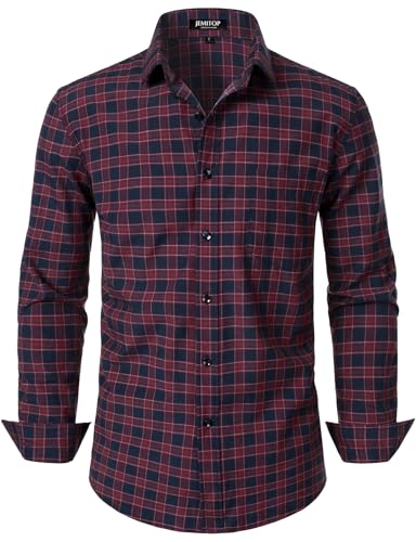 JEMITOP Herren Übergangshemd Slim Fit Langarm Button Down Hemd Business Casual Kleid Hemden mit Tasche, Rotes marineblaues Gingham, L von JEMITOP