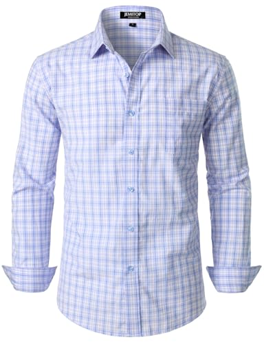 JEMITOP Herren Übergangswetter Langarm Slim Fit Button Down Hemden Business Casual Kleid Hemd mit Tasche, Blau-violettes Gingham, L von JEMITOP