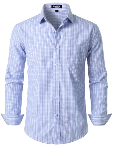 JEMITOP Herren Übergangswetter Langarm Slim Fit Button Down Hemden Business Casual Kleid Hemd mit Tasche, Hellblaues Gingham, L von JEMITOP
