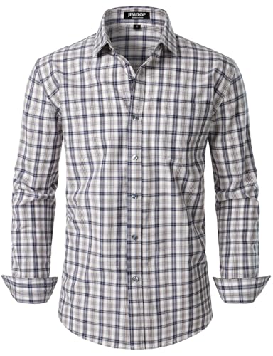 JEMITOP Herren Übergangswetter Langarm Slim Fit Button Down Hemden Business Casual Kleid Hemd mit Tasche, Khaki Gingham, L von JEMITOP