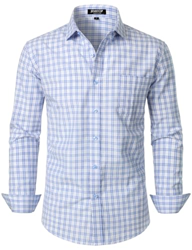 JEMITOP Herren Übergangswetter Langarm Slim Fit Button Down Hemden Business Casual Kleid Hemd mit Tasche, Weiß-blaues Gingham, L von JEMITOP