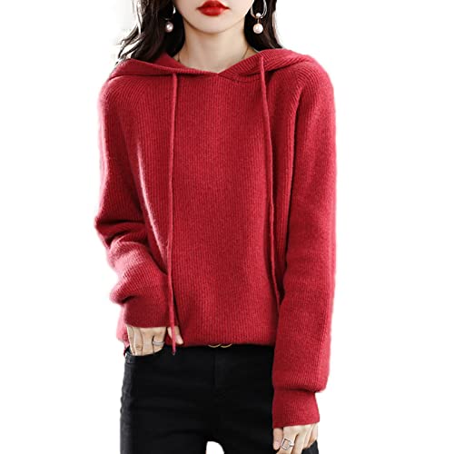 JEMJAR Damen Pullover Wolle Hoodies Tops, Lässiger Langarm-Strick-Hoodie, All-Match Hoodie Aus 100% Wolle (Color : Rust red, Size : L) von JEMJAR