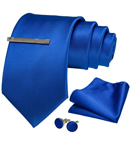 JEMYGINS Herren 9cm Breit Extra lang Krawatte und Einstecktuch Krawattenklammer Set Geeigneter Hochzeit Fest,Blau von JEMYGINS