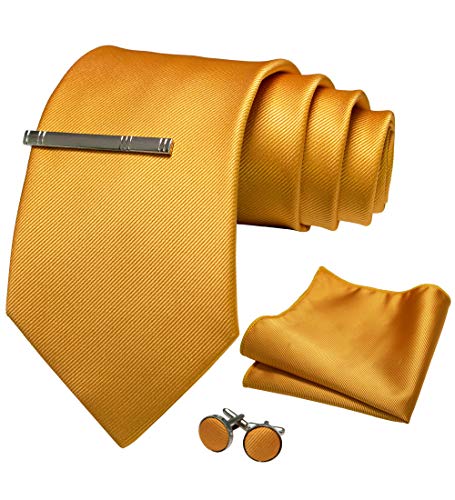 JEMYGINS Herren 9cm Breit Extra lang Krawatte und Einstecktuch Krawattenklammer Set Geeigneter Hochzeit Fest,Gelb von JEMYGINS