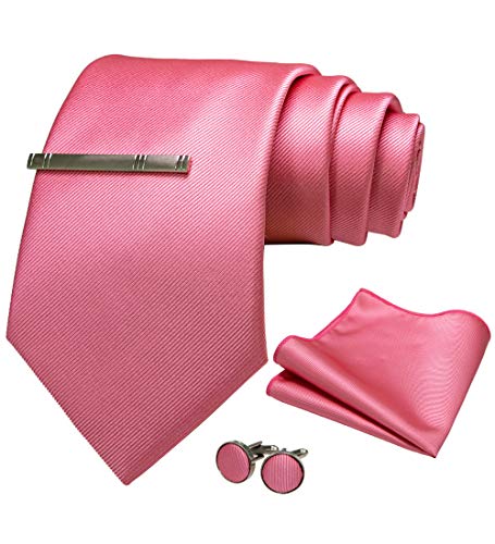 JEMYGINS Herren 9cm Breit Extra lang Krawatte und Einstecktuch Krawattenklammer Set Geeigneter Hochzeit Fest,Rosa von JEMYGINS