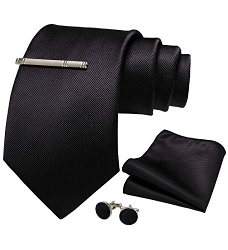 JEMYGINS 9cm Breit Extra lang Krawatte Herren Schwarz in Seide Geeigneter Hochzeit Fest und Einstecktuch Krawattenklammer Set(3) von JEMYGINS