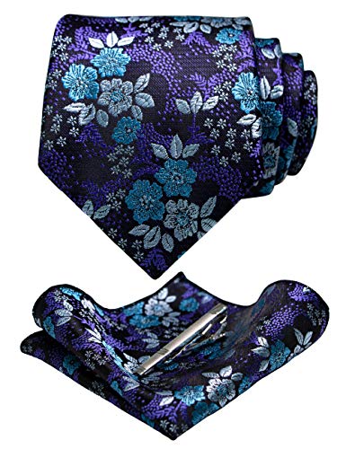 JEMYGINS Herren Blumen Krawatten und Einstecktuch Sets mit Krawattenklammer in verschiedenen Farben erhältlich,Blau Lila von JEMYGINS