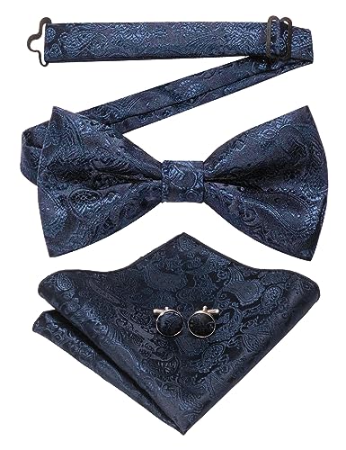 JEMYGINS Blau Paisley Fliege und Einstecktuch mit Manschettenknöpfe Sets für Herren,Navy blau von JEMYGINS