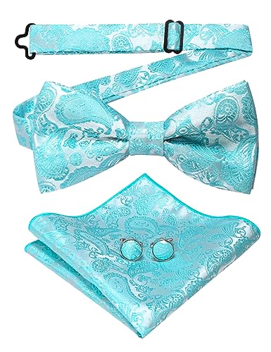 JEMYGINS Blau Paisley Fliege und Einstecktuch mit Manschettenknöpfe Sets für Herren,helles Cyan von JEMYGINS