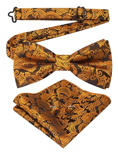 JEMYGINS Blau Paisley Fliege und Einstecktuch mit Manschettenknöpfe Sets für Herren,orange 2 von JEMYGINS