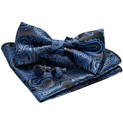 JEMYGINS Blau Seide Paisley Fliege und Einstecktuch mit Manschettenknöpfe Sets für Herren(2) von JEMYGINS