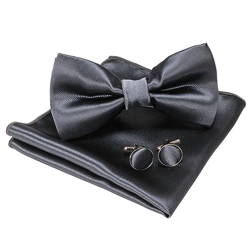 JEMYGINS Einfarbig Fliege und Einstecktuch mit Manschettenknöpfe Sets für Herren,Feuersteingrau von JEMYGINS