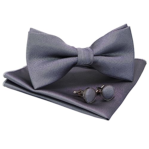 JEMYGINS Flache Textur Fliege Einfarbig und Einstecktuch mit Manschettenknöpfe Sets für Herren,grau 2 von JEMYGINS