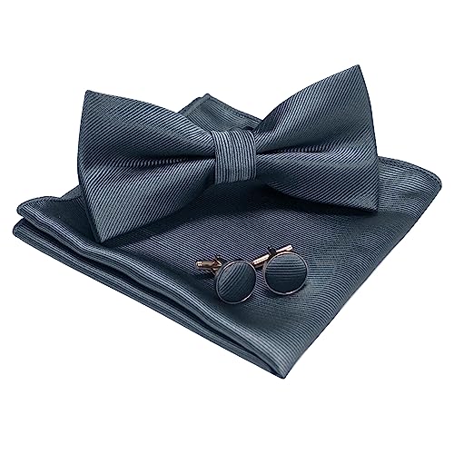 JEMYGINS Flache Textur Fliege Einfarbig und Einstecktuch mit Manschettenknöpfe Sets für Herren,dunkelgrau 2 von JEMYGINS