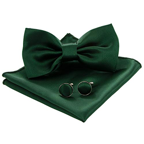 JEMYGINS Fliege Herren Dunkelgrün 3 Satin Zweifach Gefaltet und Einstecktuch mit Manschettenknöpfe Sets(15) von JEMYGINS
