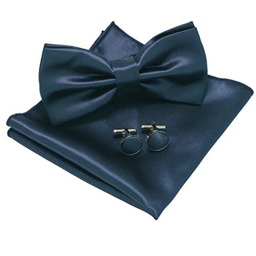 JEMYGINS Fliege Herren Satin Zweifach Gefaltet und Einstecktuch mit Manschettenknöpfe Sets,Marineblau 3 von JEMYGINS