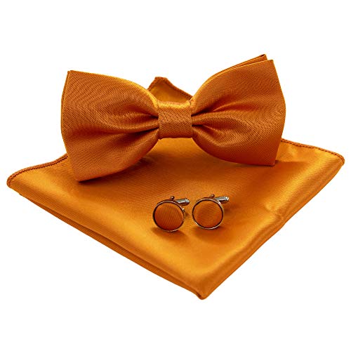 JEMYGINS Fliege Herren Orange 3 Satin Zweifach Gefaltet und Einstecktuch mit Manschettenknöpfe Sets(8) von JEMYGINS
