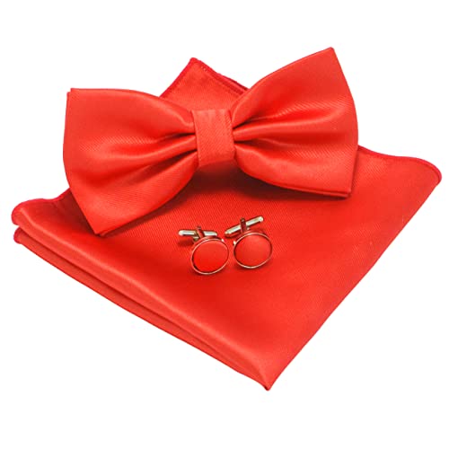 JEMYGINS Fliege Herren Rot Satin Zweifach Gefaltet und Einstecktuch mit Manschettenknöpfe Sets(1) von JEMYGINS