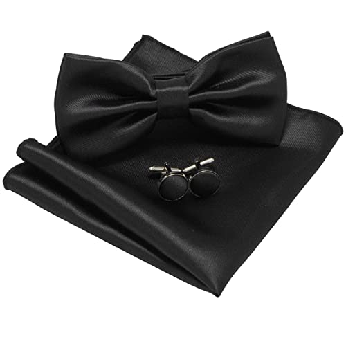 JEMYGINS Fliege Herren Satin Zweifach Gefaltet und Einstecktuch mit Manschettenknöpfe Sets,schwarz 3 von JEMYGINS