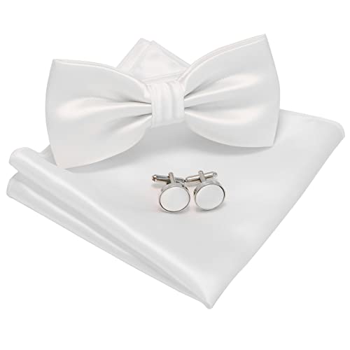 JEMYGINS Fliege Herren Weiß 3 Satin Zweifach Gefaltet und Einstecktuch mit Manschettenknöpfe Sets(17) von JEMYGINS