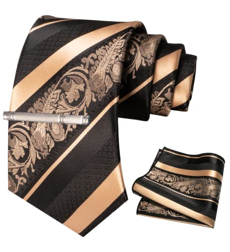 JEMYGINS Herren Krawatten Set mit gemischtem Rosen und Streifenmuster inklusive Krawattenklammer und Taschentuch Gold von JEMYGINS