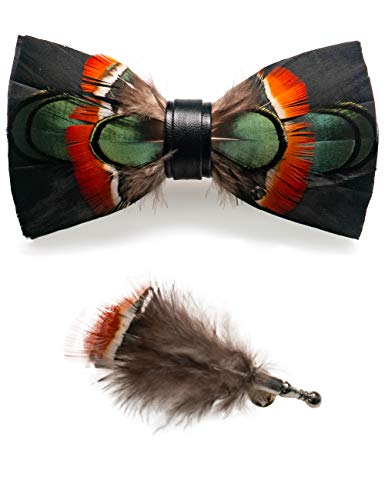 JEMYGINS Handgemacht Hochzeit Party Leder Fliege Feder Fliegen mit Geschenkbox Set für Herren (12), Schwarz/Feder dunkelgrün/orange von JEMYGINS