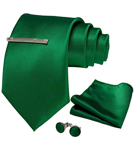 JEMYGINS Herren 9cm Breit Extra lang Krawatte und Einstecktuch Krawattenklammer Set Geeigneter Hochzeit Fest,Grün von JEMYGINS