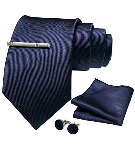 JEMYGINS Herren 9cm Breit Extra lang Krawatte und Einstecktuch Krawattenklammer Set Geeigneter Hochzeit Fest,Navy blau von JEMYGINS