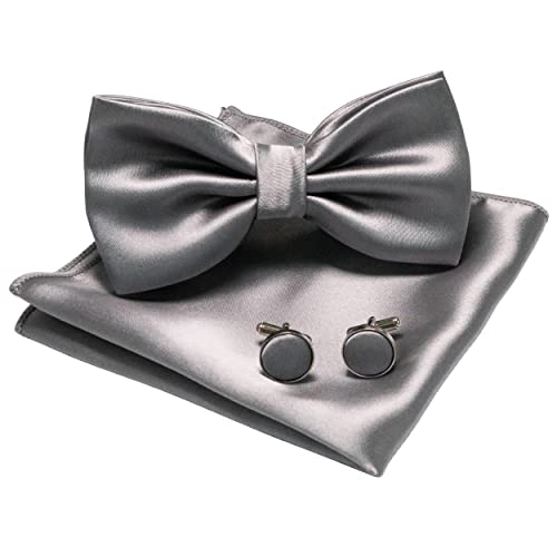 JEMYGINS Herren Fliege Grau 5 Satin Fliege und Einstecktuch mit Manschettenknöpfe Sets von JEMYGINS