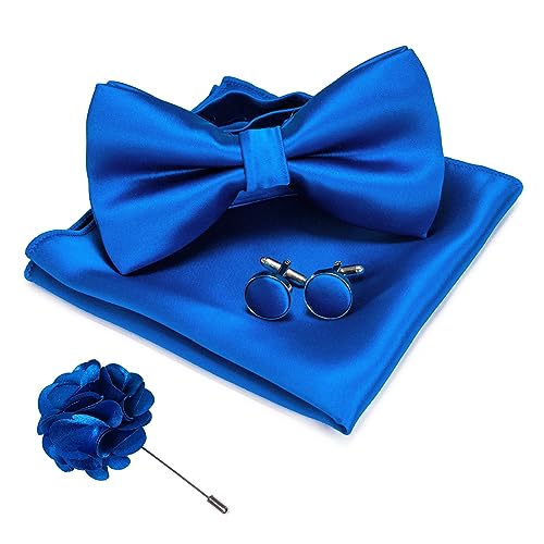 JEMYGINS Herren Fliege Satin Blau (6) Fliege und Einstecktuch mit Manschettenknöpfe Brustblume Sets von JEMYGINS