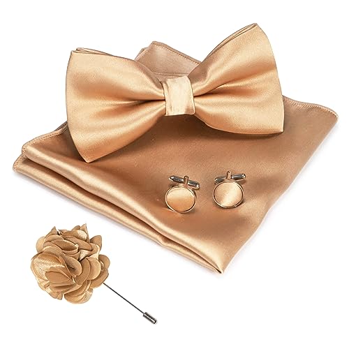 JEMYGINS Herren Fliege Satin Champagner Gold (6) Fliege und Einstecktuch mit Manschettenknöpfe Brustblume Sets von JEMYGINS