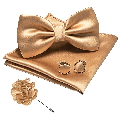 JEMYGINS Herren Fliege Satin Champagner Gold (7) Fliege und Einstecktuch mit Manschettenknöpfe Brustblume Sets von JEMYGINS