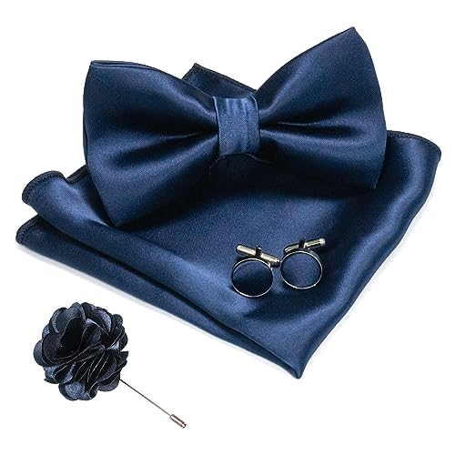 JEMYGINS Herren Fliege Satin Dunkelblau (6) Fliege und Einstecktuch mit Manschettenknöpfe Brustblume Sets von JEMYGINS