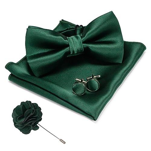 JEMYGINS Herren Fliege Satin Dunkelgrün (6) Fliege und Einstecktuch mit Manschettenknöpfe Brustblume Sets von JEMYGINS