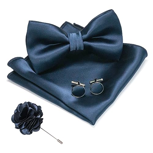 JEMYGINS Herren Fliege Satin Hellblau (6) Fliege und Einstecktuch mit Manschettenknöpfe Brustblume Sets von JEMYGINS