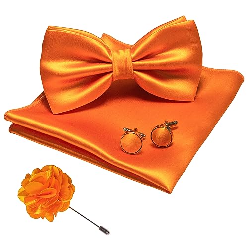 JEMYGINS Herren Fliege Satin Orange (7) Fliege und Einstecktuch mit Manschettenknöpfe Brustblume Sets von JEMYGINS