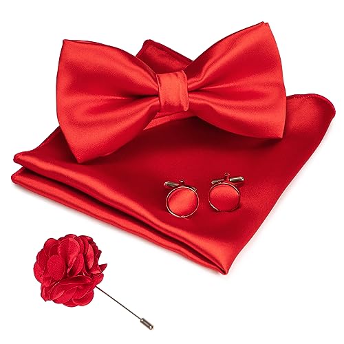 JEMYGINS Herren Fliege Satin Rot (6) Fliege und Einstecktuch mit Manschettenknöpfe Brustblume Sets von JEMYGINS