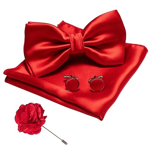 JEMYGINS Herren Fliege Satin Rot (7) Fliege und Einstecktuch mit Manschettenknöpfe Brustblume Sets von JEMYGINS