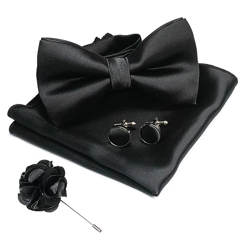 JEMYGINS Herren Fliege Satin Schwarz (6) Fliege und Einstecktuch mit Manschettenknöpfe Brustblume Sets von JEMYGINS