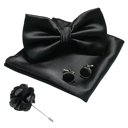 JEMYGINS Herren Fliege Satin Schwarz (7) Fliege und Einstecktuch mit Manschettenknöpfe Brustblume Sets von JEMYGINS