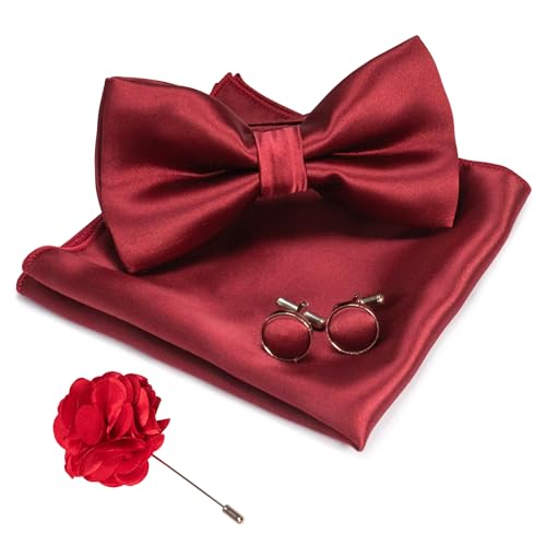 JEMYGINS Herren Fliege Satin Weinrot (6) Fliege und Einstecktuch mit Manschettenknöpfe Brustblume Sets von JEMYGINS