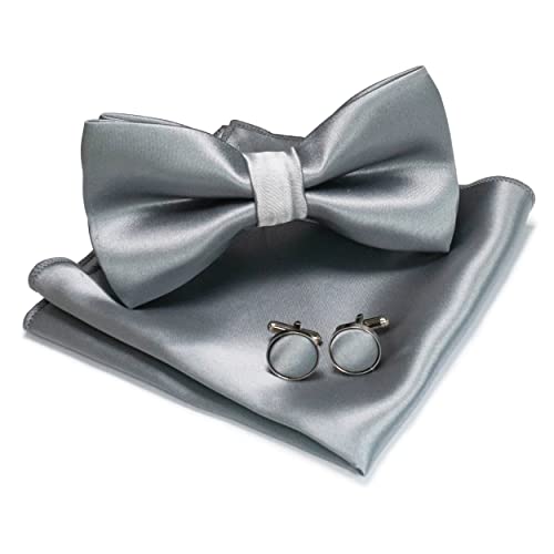 JEMYGINS Herren Fliege Silber4 Satin Fliege und Einstecktuch mit Manschettenknöpfe Sets von JEMYGINS