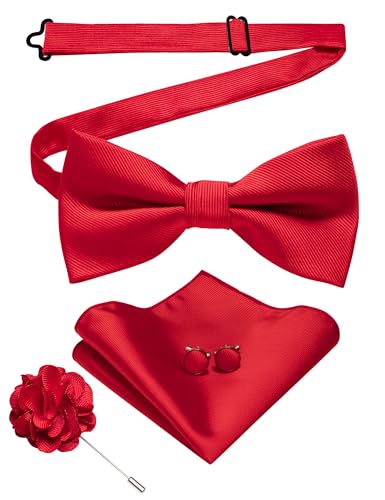 JEMYGINS Herren Fliege aus Twill in Uni mit Pocket Square Manschettenknöpfen und Blumen Gesteck Geschenkset für Partys Business und Hochzeiten Rot von JEMYGINS